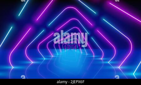 Glowing neon lines, tunnel, led arcade, stage. Abstract technology background, virtual reality. Pink blue purple corridor neon square arch perspective Stock Vector