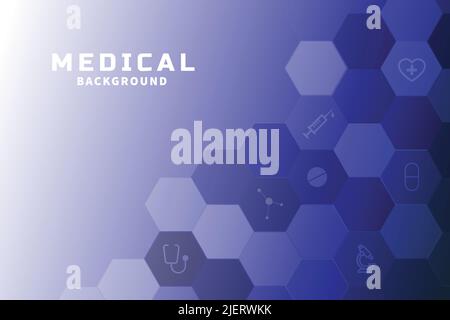 Blue background with medical theme, with honeycombs and icons for medicine and inscription Stock Vector