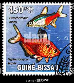 MOSCOW, RUSSIA - JUNE 17, 2022: Postage stamp printed in Guinea-Bissau shows Neon Tetra (Paracheirodon innesi), Serpae Tetra (Hyphessobrycon eques), T Stock Photo