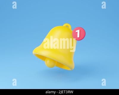 Notification bell icon 3d render - cute cartoon illustration of simple yellow bell with number one. Stock Photo