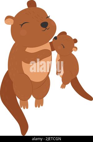 Cute Otter Clipart Isolated on White Background. Funny Clip Art Otter Swims With Baby. Vector Illustration of an Animal for Stickers, Baby Shower Stock Vector