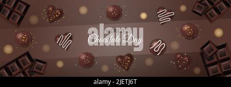 World Chocolate Day July 7 Poster chocolate bars, chocolate truffle, bombs, heart shape, cream, sprinkle Realistic Horizontal banner background vector Stock Vector