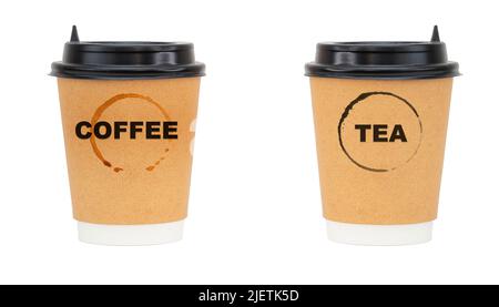 Coffee vs tea, two paper cups isolated on white Stock Photo