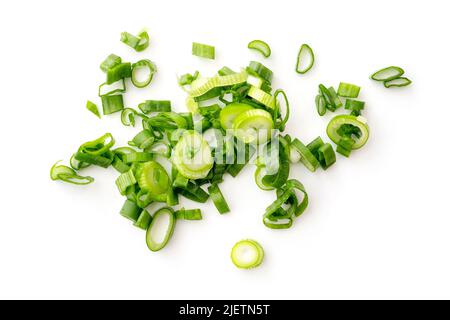 Chopped stems of green onion or chives isolated on white, top view Stock Photo