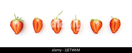 Long picture with row of slices natural strawberry isolated on white Stock Photo