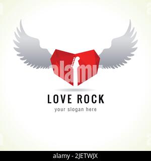 Love rock logo. Red glass heart flying, guitar, wings, brand idea. Musics vector sign. Art events and tours symbol. Rock n roll icon. Stock Vector