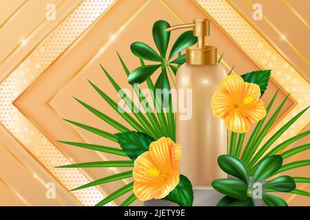 3D gold bottle with dispenser, natural cosmetic product for skin care, tropical flowers and leaf vector illustration. Realistic package with cream soap, shampoo, lotion on geometric golden background Stock Vector