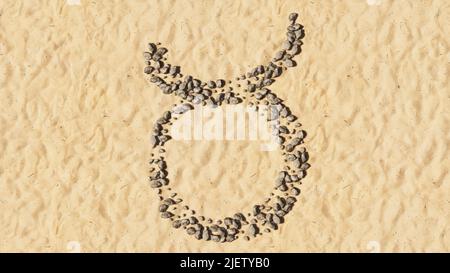 Concept conceptual stones on beach sand handmade symbol shape, golden sandy background, taurus zodiac sign. 3d illustration symbol for  esoteric, the Stock Photo