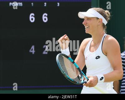 London, UK. 28th June, 2022. Belgian Yanina Wickmayer celebrates after winning a first round game in the women's singles tournament against Chinese Zhu (WTA 98) at the 2022 Wimbledon grand slam tennis tournament at the All England Tennis Club, in south-west London, Britain, Tuesday 28 June 2022. The match had to be postponed, due to the rain on Monday. BELGA PHOTO BENOIT DOPPAGNE Credit: Belga News Agency/Alamy Live News Stock Photo