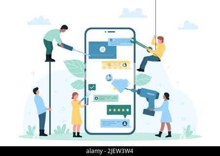 Mobile app development, programming vector illustration. Cartoon tiny developers create functional UI for smartphone application, engineers build online software on huge phone screen together Stock Vector