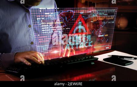 Cyberattack on computer screen. Cyber attack, security breach and russian hacker abstract concept 3d with glitch effect. Man typing keyboard. Stock Photo