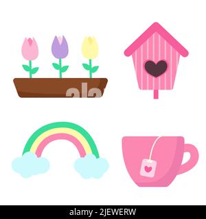 Set of spring elements. Flowers in pot, bird house, rainbow and cup with tea. Print for sticker pack, clothes, textile, seasonal design and decor Stock Vector