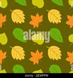 Seamless pattern with colorful autumn leaves. Fall background. Birch, maple and oak. Yellow, green and orange colors. Print for fabric, wallpaper Stock Vector