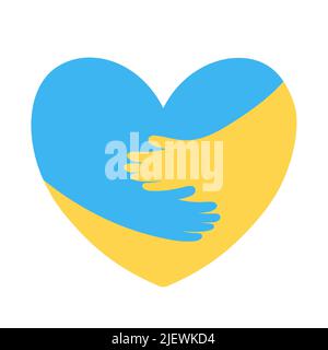 Hands embrace heart with yellow blue flag of Ukraine vector illustration. Support, help and pray for peace and freedom of Ukrainian nation, symbol of love, donation and care of people in community Stock Vector