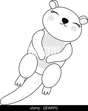 Cute Otters Clipart Black and White for Kids Holidays and Goods. Happy Clip Art Sea Otter Swims on its Back for Coloring Page. Vector Illustration of Stock Vector