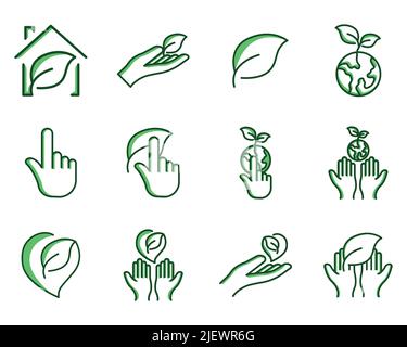 Ecology set icon. suitable for ecology icon. Contains such icons as house with leaf, hand with leaf, leaf, earth with leaf etc. Two tone icon style. S Stock Vector