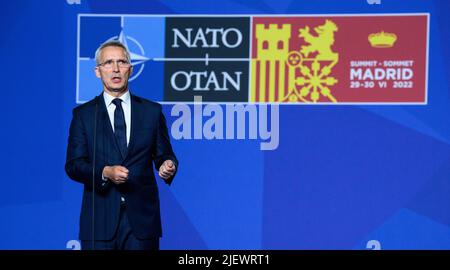 Madrid, Spain. 28th June, 2022. Jens Stoltenberg, Nato Secretary General, speaks before the start of the Nato summit in Madrid. At the two-day summit, the heads of state and government of the 30 alliance countries are to take decisions on the implementation of the 'Nato 2030' reform agenda. Credit: Bernd von Jutrczenka/dpa/Alamy Live News Stock Photo