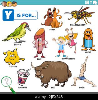 educational cartoon illustration for children with comic characters and objects set for letter Y Stock Vector