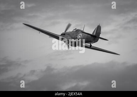 Battle of Britain Hawker Hurricane Mk1 ‘R4118’ airborne at Shuttleworth Evening Airshow on the 18th June 2022 Stock Photo