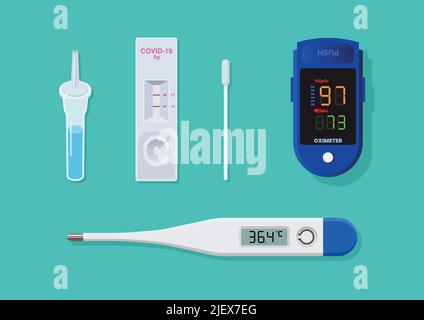 Oximeter Medical thermometer and Rapid antigen test kit set. Covid-19 equipment set. Vector illustration Stock Vector