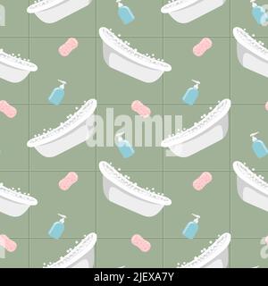 Seamless vector pattern of bath tubs, soap bubbles and sponges against olive tiled wall Stock Vector