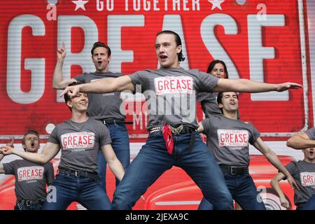 Paul French, who plays Kenickie in Grease the musical at West End Live in Trafalgar Square 2022. Stock Photo