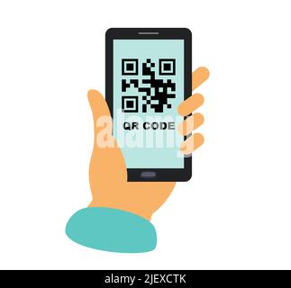 Scan the QR code with the phone. smartphone in hand. people use smartphone Stock Vector