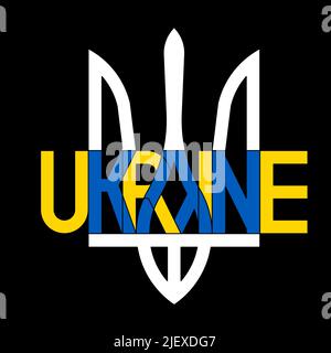Creative combination of Ukrainian state coat of arms and lettring Ukraine in symbolic blue and yellow colors Stock Vector