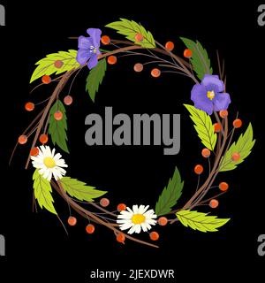 Hand drawn circle frame or wreath of spring branches and flowers. Vector Stock Vector