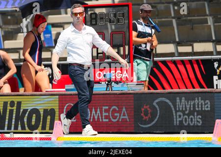 BUDAPEST, HUNGARY - JUNE 28: Head coach Emilien Bugeaud of France during the FINA World Championships Budapest 2022 Quarter final match Italy v France on June 28, 2022 in Budapest, Hungary (Photo by Albert ten Hove/Orange Pictures) Stock Photo