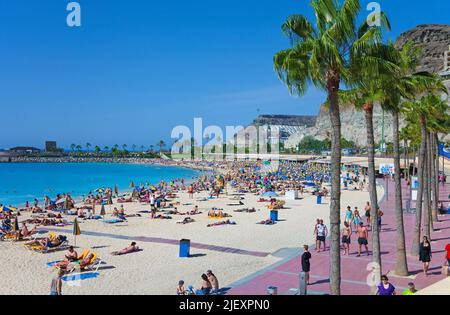 Holidaymakers on Playa de los Amadores, bathing beach close to Puerto Rico, Grand Canary, Canary islands, Spain, Europe, Atlantic ocean Stock Photo