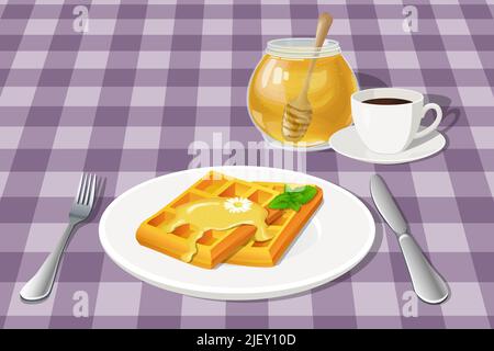 Vector illustration of hand drawn breakfast with coffee, waffles and honey on the violet checkered tablecloth Stock Vector