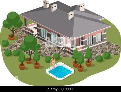Vector private house and a woman planning to take a jacuzzi in the backyard, isometric, aerial view Stock Vector