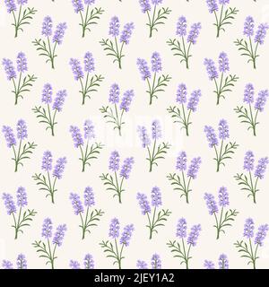 Hand drawn vector seamless pattern of  violet lavender flowers Stock Vector