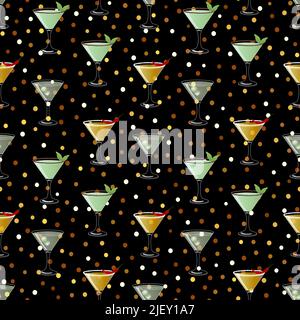 Seamless vector holiday pattern with different cocktails and confetti Stock Vector
