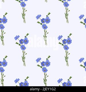 Hand drawn vector seamless pattern of flax plant with flowers Stock Vector