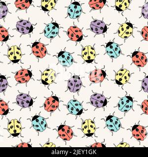 Vector seamless colorful pattern of different hand drawn doodle ladybirds or ladybugs Stock Vector