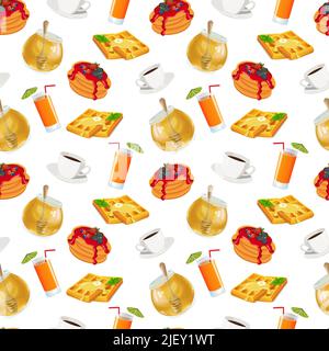 Vector seamless pattern of hand drawn breakfast with coffee, waffles, honey, juice and pancakes Stock Vector