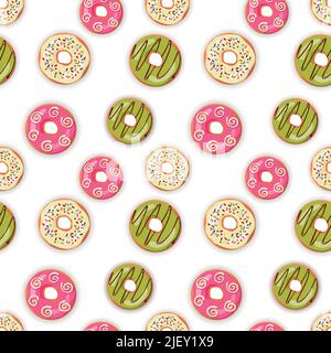 Seamless vector pattern of colorful hand drawn donuts, flat lay Stock Vector