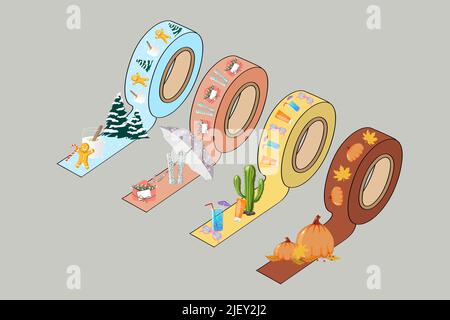 Hand drawn fantasy vector illustration of four season washi tape with 3d effect Stock Vector