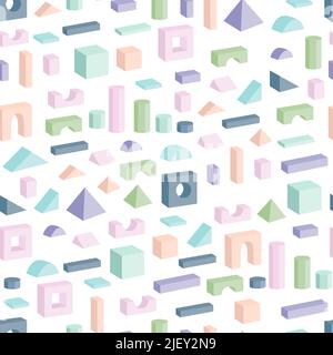 Pastel colored wooden isolated toy building blocks. Vector seamless isometric pattern Stock Vector