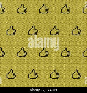 Vector seamless yellow pattern of handmade knitted thumb up or like gesture Stock Vector