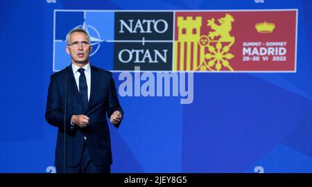 Madrid, Spain. 28th June, 2022. Jens Stoltenberg, NATO Secretary General, speaks before the start of the NATO summit in Madrid. Credit: Bernd von Jutrczenka/dpa/Alamy Live News Stock Photo