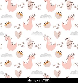 Hand drawn cute dinosaurs seamless pattern. Children pattern with girl dino, cactus, flowers for fashion clothes, shirt, fabric. Scandinavian kids Stock Vector