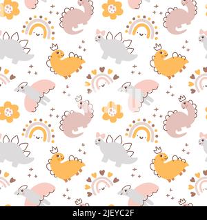 Cute Hand drawn girl dino seamless pattern. Children pattern with dinosaur, flower and rainbow for fashion clothes, shirt, fabric. Scandinavian kids Stock Vector