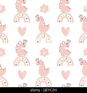 Cute vector kids Princess girl seamless pattern with hand drawn dino, flower and rainbow. Creative childish illustration background for fabric Stock Vector