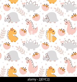 Hand drawn cute dino Princess girl seamless pattern. Children pattern with dinosaur, flower, branch for fashion clothes, shirt, fabric. Scandinavian Stock Vector
