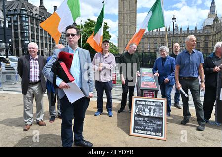 Parliament Square, London, UK, 28/06/2022, Speaker Frank Glynn for Time for truth & time for Justice! no to Say NO to Britain’s “Bill of Shame”  to stop the Bloody Sunday victims to seek justice at Parliament Square, Westminster, London, UK. - 28 June 2022. Stock Photo