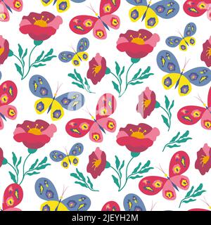 Floral background with butterflies, bright flowers seamless pattern. Vector illustration Stock Vector
