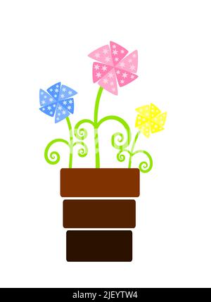 Three colorful fan shaped flowers in pot Stock Vector
